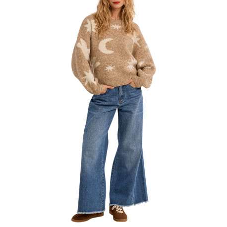 Pull beige uni avec une coupe droite et un col rond orné de motif - Image 2