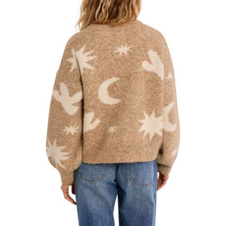 Pull beige uni avec une coupe droite et un col rond orné de motif - Image 3