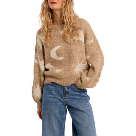 Pull beige uni avec une coupe droite et un col rond orné de motif - Image 4