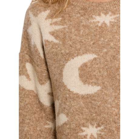 Pull beige uni avec une coupe droite et un col rond orné de motif - Image 5