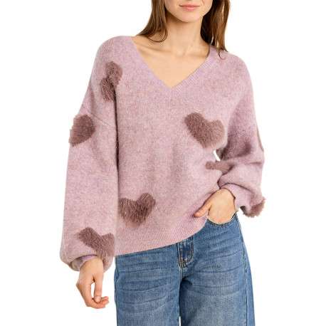 Pull mauve à imprimé coeurs muni d'une coupe droite et d'un col rond - Image 4