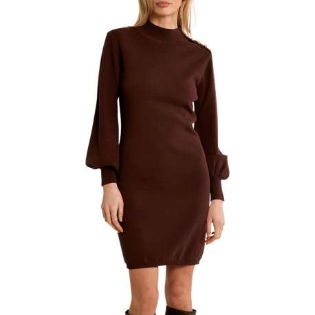 Robe chocolat à coupe ajustée munie d'un col montant et des manches longues