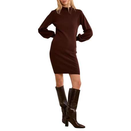 Robe chocolat à coupe ajustée munie d'un col montant et des manches longues - Image 2