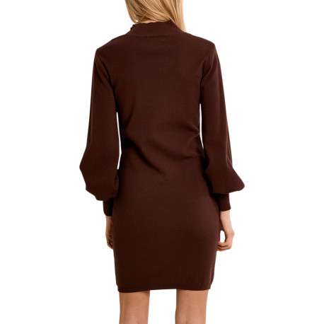 Robe chocolat à coupe ajustée munie d'un col montant et des manches longues - Image 3