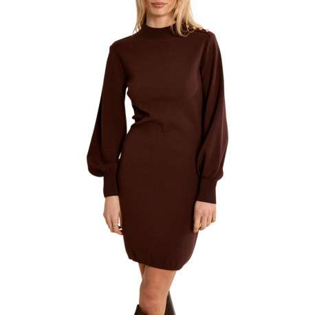 Robe chocolat à coupe ajustée munie d'un col montant et des manches longues - Image 4