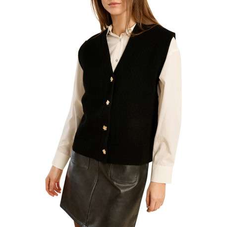 Gilet sans manches noir uni avec une coupe droite et un col V - Image 4