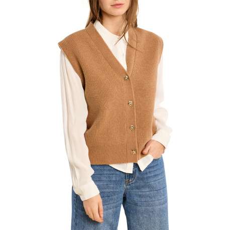 Gilet camel pourvu d'une coupe droite doté d'un col V sans manches - Image 4
