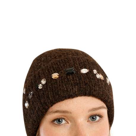 Bonnet marron uni avec des grosses mailles et orné de strass fantaisie