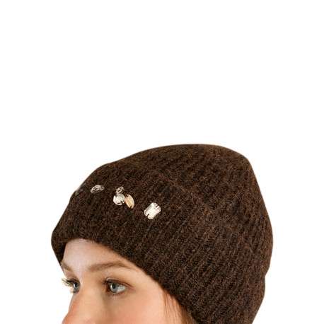 Bonnet marron uni avec des grosses mailles et orné de strass fantaisie - Image 2