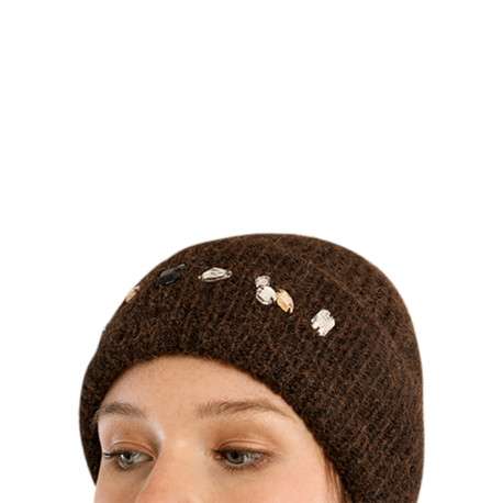 Bonnet marron uni avec des grosses mailles et orné de strass fantaisie - Image 3