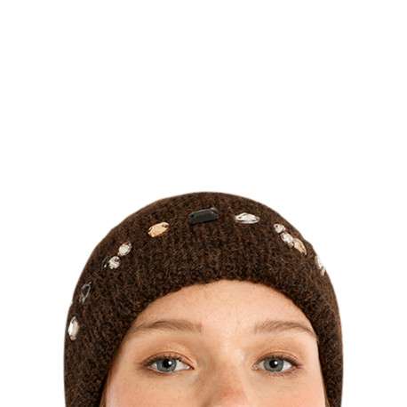 Bonnet marron uni avec des grosses mailles et orné de strass fantaisie - Image 4