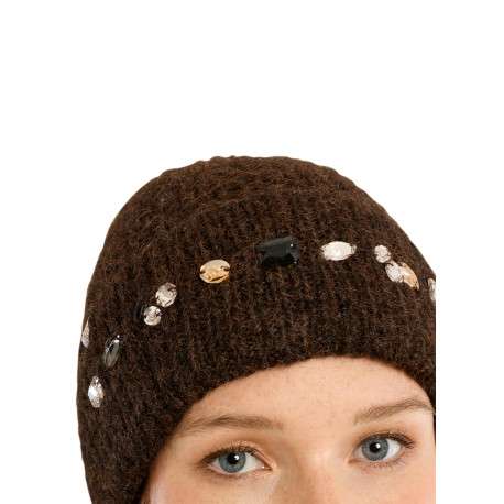 Bonnet marron uni avec des grosses mailles et orné de strass fantaisie - Image 5