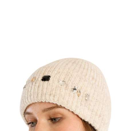 Bonnet écru uni avec des grosses mailles et orné de strass fantaisie