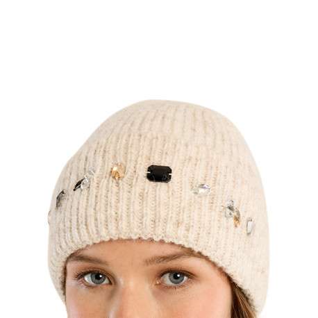 Bonnet écru uni avec des grosses mailles et orné de strass fantaisie - Image 2