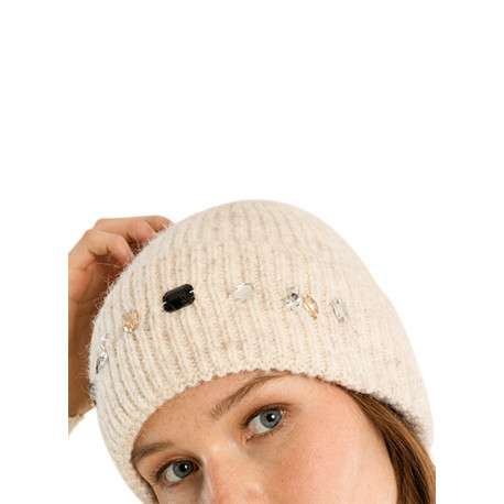 Bonnet écru uni avec des grosses mailles et orné de strass fantaisie - Image 3