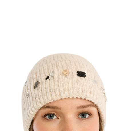 Bonnet écru uni avec des grosses mailles et orné de strass fantaisie - Image 4