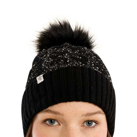 Bonnet noir avec des grosse mailles agrémenté d'un ponpon poilu - Image 2