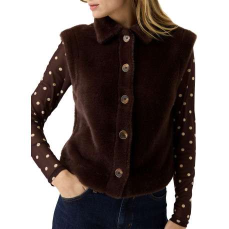 Gilet marron sans manche à coupe droite pourvu d'un col à revers - Image 4