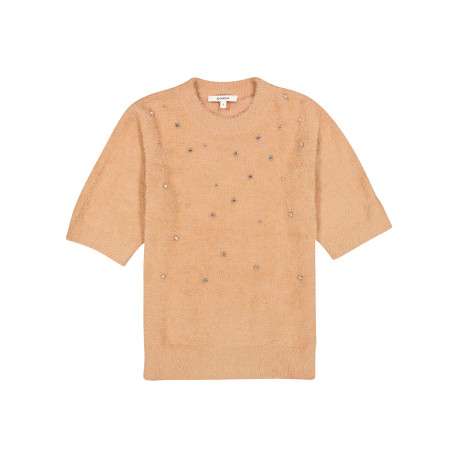 Pull beige à coupe droite pourvu d'un col rond et de manches courtes