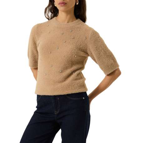 Pull beige à coupe droite pourvu d'un col rond et de manches courtes - Image 2