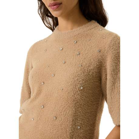 Pull beige à coupe droite pourvu d'un col rond et de manches courtes - Image 4