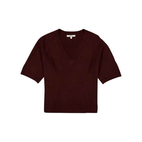 Pull marron à coupe droite pourvu d'un col v et de manches courtes