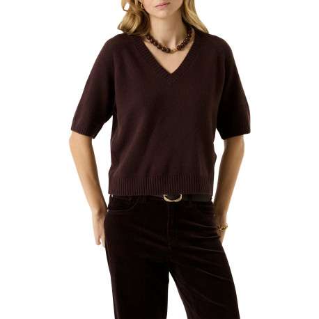 Pull marron à coupe droite pourvu d'un col v et de manches courtes - Image 2