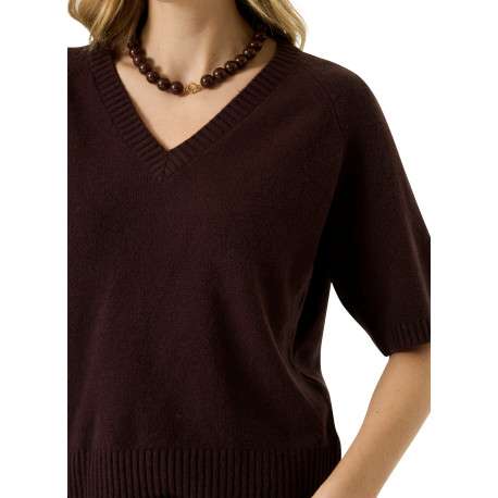 Pull marron à coupe droite pourvu d'un col v et de manches courtes - Image 4