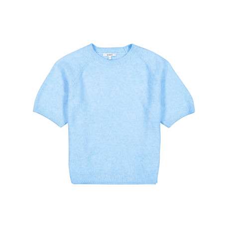 Pull bleu à coupe droite pourvu d'un col rond et de manches courtes