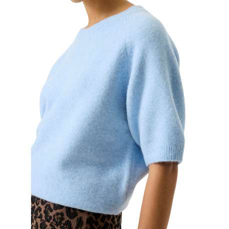 Pull bleu à coupe droite pourvu d'un col rond et de manches courtes - Image 4