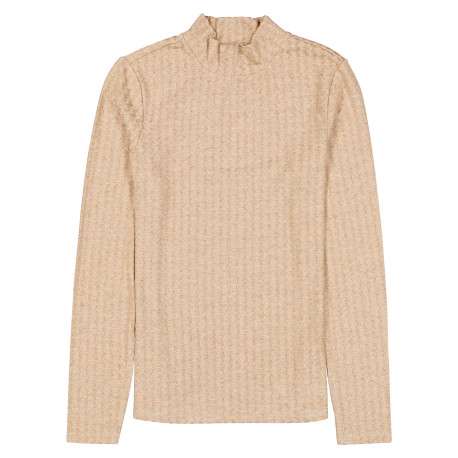T-shirt beige à coupe ajustée pourvu d'un col montant et de manches longues