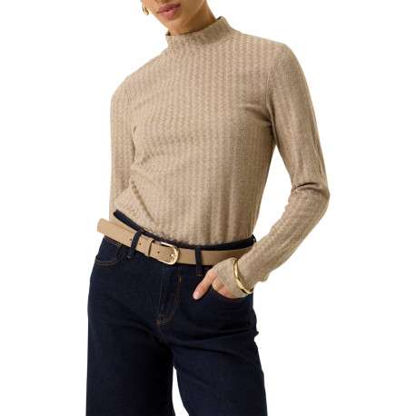 T-shirt beige à coupe ajustée pourvu d'un col montant et de manches longues - Image 2