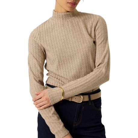 T-shirt beige à coupe ajustée pourvu d'un col montant et de manches longues - Image 4