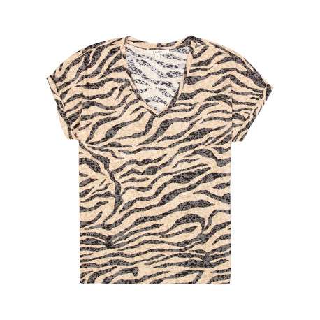 T-shirt beige à coupe ajustée pourvu d'un col v et de manches courtes