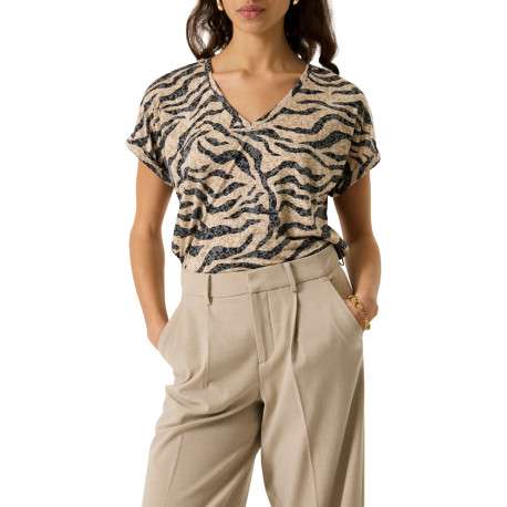 T-shirt beige à coupe ajustée pourvu d'un col v et de manches courtes - Image 2