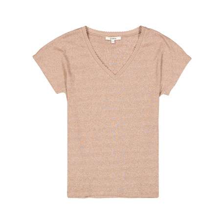 T-shirt beige à coupe ajustée pourvu d'un col v et de manches courtes