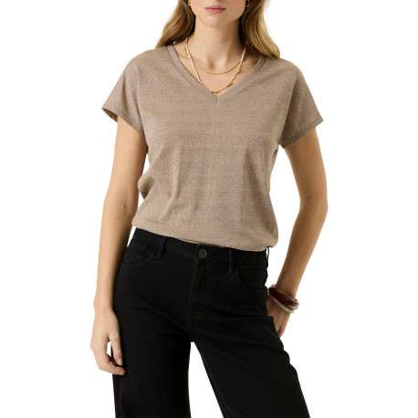 T-shirt beige à coupe ajustée pourvu d'un col v et de manches courtes - Image 2