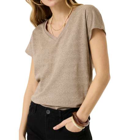 T-shirt beige à coupe ajustée pourvu d'un col v et de manches courtes - Image 4