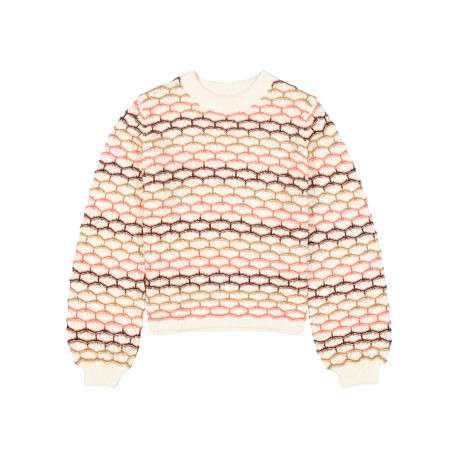 Pull en coton mélangé écru à motifs pourvu d'une coupe ajustée et d'un col rond