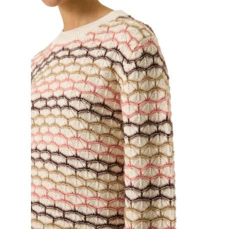 Pull en coton mélangé écru à motifs pourvu d'une coupe ajustée et d'un col rond - Image 4
