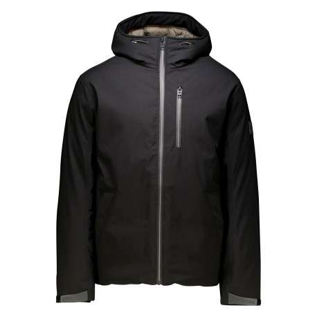 Blouson noir à coupe ajustée pourvu d'un col à capuche et de manches longues