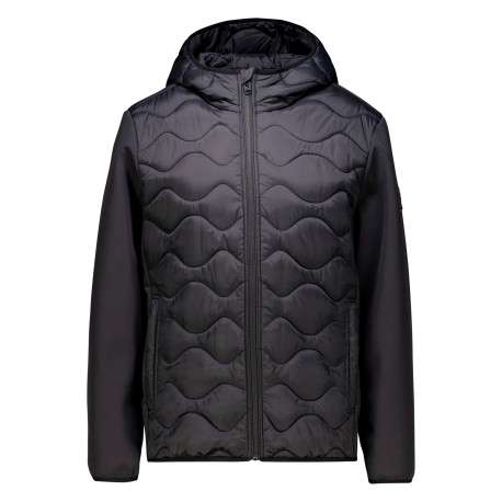 Blouson noir matelassé à coupe ajustée pourvu d'un col à capuche