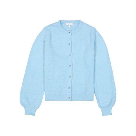 Gilet bleu à coupe ajustée pourvu d'un col rond et de manches longues