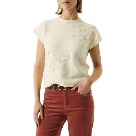 Pull écru à coupe droite pourvu d'un col rond et de manches courtes - Image 2