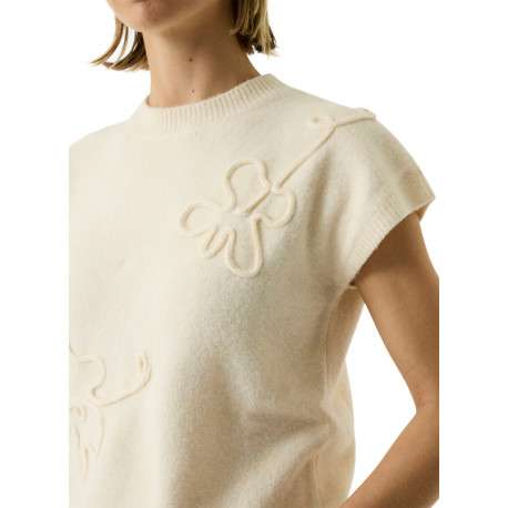Pull écru à coupe droite pourvu d'un col rond et de manches courtes - Image 4