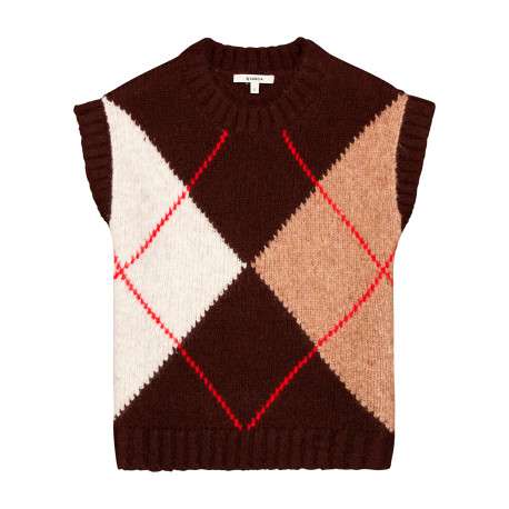 Pull marron coupe droite sans manche à carreaux pourvu d'un col rond