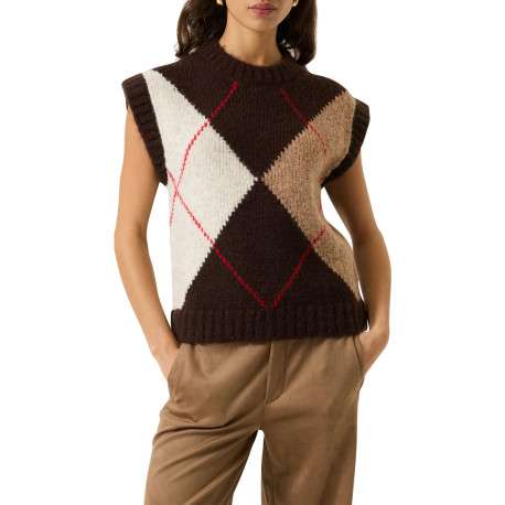 Pull marron coupe droite sans manche à carreaux pourvu d'un col rond - Image 2