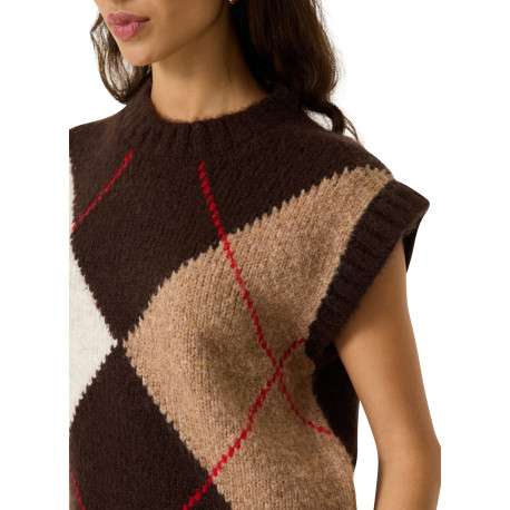 Pull marron coupe droite sans manche à carreaux pourvu d'un col rond - Image 4