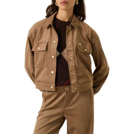 Blouson taupe à coupe droite pourvu d'un col à revers et de manches longues - Image 2
