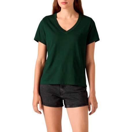 T-shirt en coton vert à coupe droite pourvu d'un grand col v - Image 5